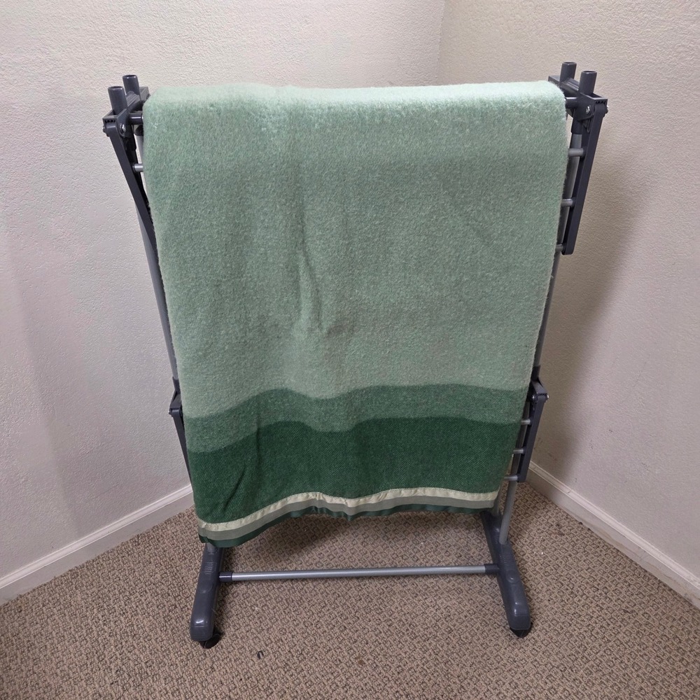 Vintage St. Marys 100% Pure Wool Blanket Green Ombre Satin Trim 66x77 USA Made